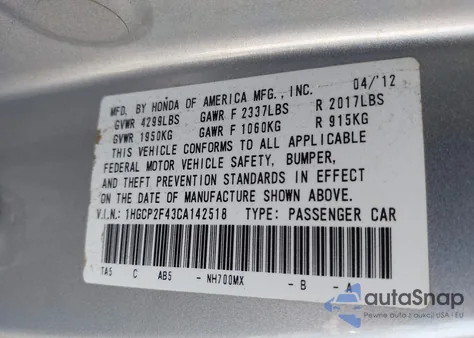 2012 Honda Accord 2.4 Lx-P from USA, damaged, VIN 1HGCP2F43CA142518